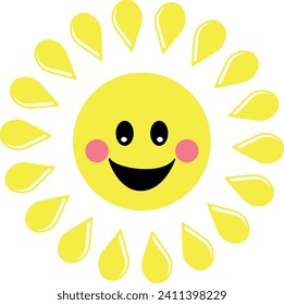 Cool Smile Y2K Stickers funny sun cartoon character for t-shirt or poster design isolated on white background. Happy sticker from 70s. Vector graphic illustration
