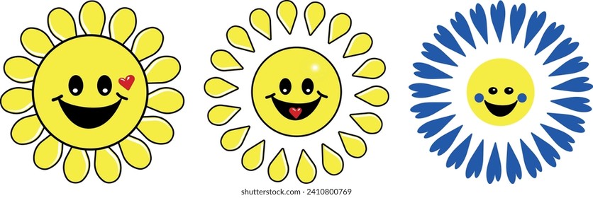 Cool Smile Y2K Stickers Set. Trendy Pop Art Characters Patches. Groovy Badges. Retro Emoticons. Happy stickers set from 70s. Vector graphic illustration