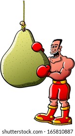 Cool smiling boxer wearing red gloves, shorts and boots while posing and going to bit his boxing bag in form of an appetizing pear fruit