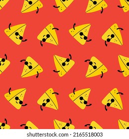 Cool smiling cartoon style samosa characters wearing sunglasses vector seamless pattern background for food design.
