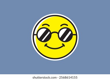 Cool Smiling Face Emoji Illustration, Simple yet stylish yellow smiling face with cool sunglasses on blue background. Perfect for social media, branding or web design.