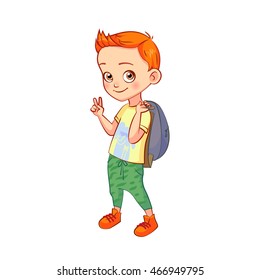 Cool smiling little boy in a funny T-shirt and khaki pants with a school backpack in hand. Vector cartoon schoolboy character with red hair isolated on white background.