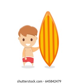  cool smiling man standing with surfboard in swimming shorts . Male surfer character. Flat vector illustration with white background. Summer beach passion.stylized hand drawn  cartoon person