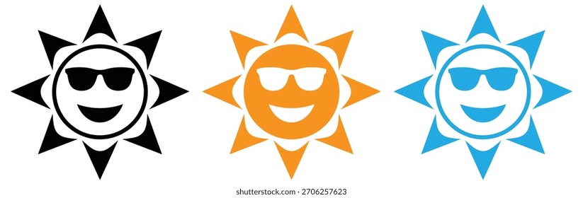 Cool lächelnde Sonne Icons für Sommerzeit Designs und Urlaubsthemen,Set von Sonne Icon.trägt Sonnenbrille.Sonne Icon Set.Nettes Lächeln Sonne Icon.
