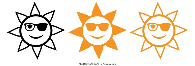 Cool lächelnde Sonne Icons für Sommerzeit Designs und Urlaubsthemen,Set von Sonne Icon.trägt Sonnenbrille.Sonne Icon Set.Nettes Lächeln Sonne Icon.