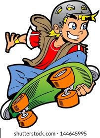 Cool Smiling Young Man or Boy Doing an Extreme Skateboard Jump