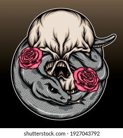 Cool snake skull with roses illustration. Premium vector