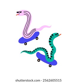 Cool snakes enjoying skateboarding in a fun, lively artwork Snake symbol of the year. Vector hand drawn bold illustration