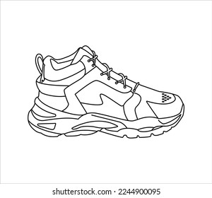 Buenas zapatillas. Vector de contorno de las zapatillas, Sneakers dibujado en el estilo de esbozo, Sneakers de contorno negro, Ilustración vectorial.