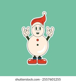A cool snowman character wearing a Santa hat and making the rock-and-roll hand gesture. Perfect for fun, playful Christmas designs.