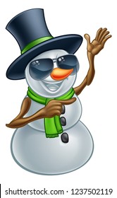 A cool snowman Christmas character wearing a top hat and sunglasses or shades pointing his finger at something