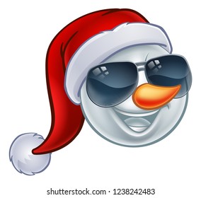 A cool snowman Christmas emoticon Emoji wearing a Santa hat and sunglasses or shades