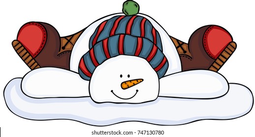 Cool snowman laying down in the snow
