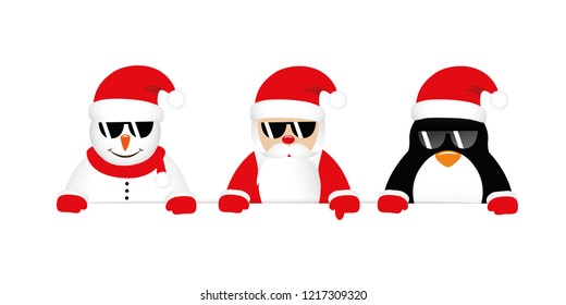 cool snowman santa and penguin cartoon with sunglasses vector illustration EPS10