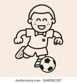 Cool soccer football black boy player character outline icon running with soccer ball, football clothes and happy face