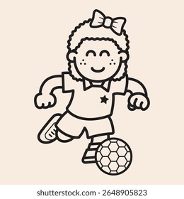 Cool soccer football black girl character outline icon running with soccer ball, head ribbon and happy face