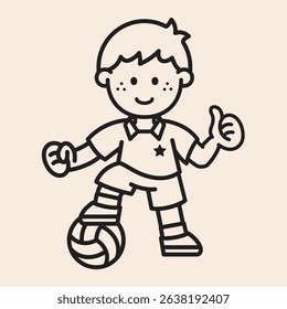 Cool Soccer Football Player Boy character outline icon with foot on soccer ball, football clothes, hand with thumb finger up and happy face