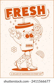 Cool soda poster in retro groovy style. Trendy cartoon illustration in a monochrome palette. Maskot for cafes, bars, restaurants.