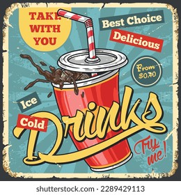 Cool soda vintage flyer colorful with glass of takeout with straw and spray of sweet ice drink vector illustration