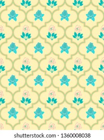 cool soft and colorful moroccan seamless pattern tile with decorative roses and leaves design for textile, fabric, backgrounds, decoration, wallpaper, backdrop & creative surface design templates. 