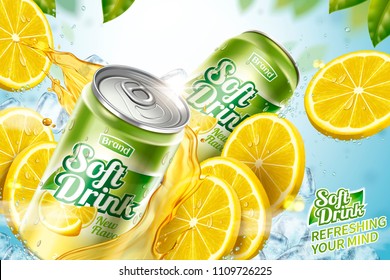 Cool soft drink ad with sliced fruit and splashing juice in 3d illustration, green leaves bokeh background