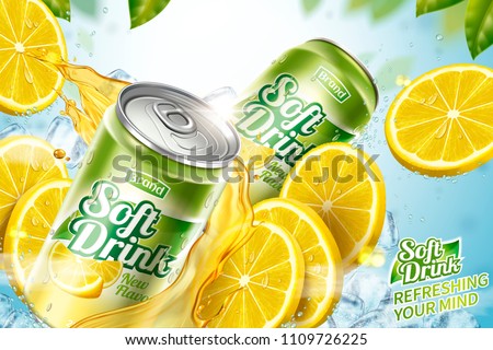 Cool soft drink ad with sliced fruit and splashing juice in 3d illustration, green leaves bokeh background
