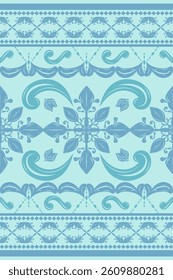 cool soothing aesthetic that feels fresh and aquatic  like underwater tile work Repeating floral emblems, leafy tendrils, and scroll motifs fill in the spaces between the larger floral form pattern