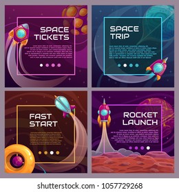 Cool space banners set. Web page, flyer, poster, brochure design template. Rocket launch concept. Vector illustration.