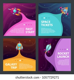 Cool space banners set. Web page, flyer, poster, brochure design template. Rocket launch concept. Vector illustration.