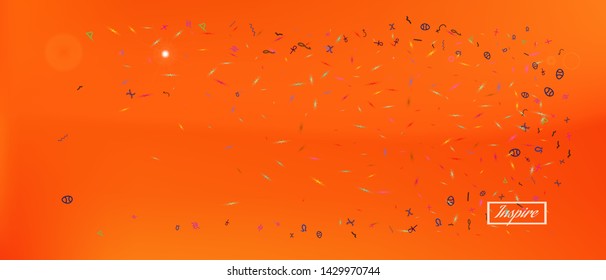 Cool space and confetti signs. Background modern. Signs colorific illustration. Super Ultra Wide themed background. Colorful pure abstraction. Orange red main theme.