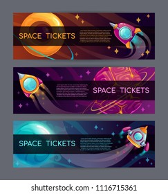Cool space horizontal banners set. Web page, flyer, poster, brochure design template. Rocket launch concept. Vector illustration.