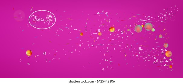 Cool space and signs confetti. Background smooth. Liquid colorific illustration. Light Ultra Wide background. Colorful recent abstraction. Magneta main theme.