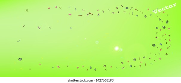 Cool space and signs confetti. Background color. Usefull colorific illustration. Remarkable Ultra Wide universe background. Colorful clear abstraction. Lime main theme.