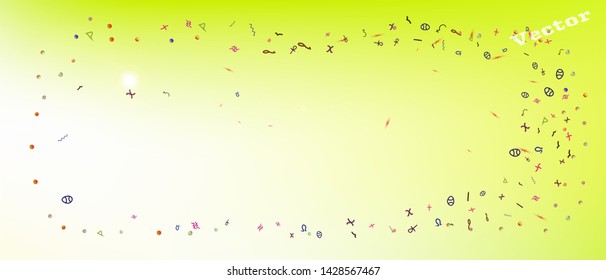 Cool space and signs confetti. Background graphic. Usefull colorific illustration. The good Ultra Wide themed background illustration. Colorful cool abstraction. Green colored.