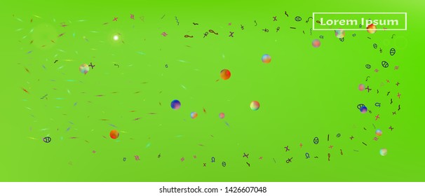 Cool space and signs confetti. Funny colorific illustration. Background graphic. Super Ultra Wide themed background. Colorful crisp abstraction. Green colored.