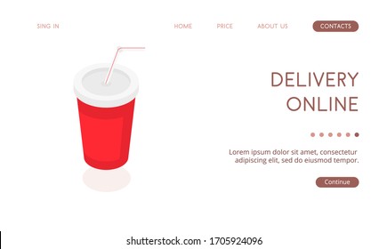 Cool sparkling water in a red disposable cup with a white lid and a plastic tube on a white background. Isometric vector isolated illustration.