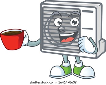 Cool split air conditioner cartoon character with a cup of coffee