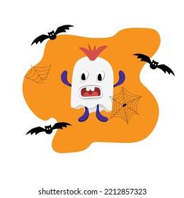 Cool Spooky Ghost with Bats and Spider Webs, Premium Vector