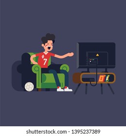 Cool Sports Fan Character Sitting In Armchair Watching Sports On TV Yelling At Screen. Angry Guy In Chair In Front Of Television Set