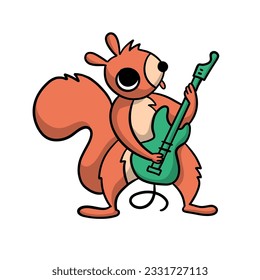 Cool squirrel character playing electric guitar. Cute baby animal. Vector contour flat hand drawn illustration.