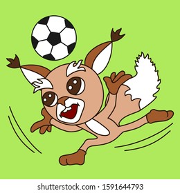 cool squirrel soccer player runs across the field and bounces a football ball with his head, color vector clip art on green isolated background