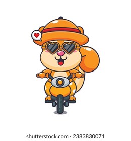 Cool squirrel with sunglasses riding a motorcycle in summer day. Cute summer cartoon illustration. 