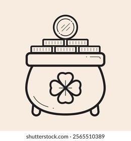 Cool St Patricks day cauldron with golden coins and four-leaf clover symbol outline vector icon. Magic lucky cauldron full of golden coins ready to congratulate st patrick day iconic vector line art