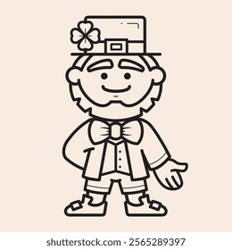 Cool St Patricks Leprechaun Elf character icon with smile, top hat with a clover, bow tie, Irish costume and beard. Full body Elf character outline iconic vector line art.