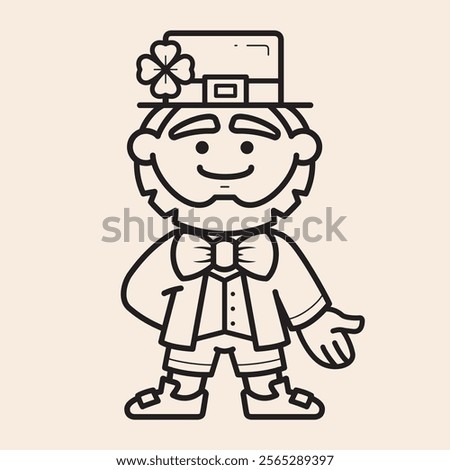Cool St Patricks Leprechaun Elf character icon with smile, top hat with a clover, bow tie, Irish costume and beard. Full body Elf character outline iconic vector line art.