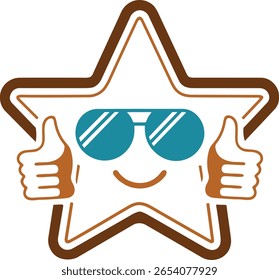 Cooler Star-Charakter mit Sonnenbrille und doppeltem Daumen nach oben im flachen Cartoon-Vektorstil, der Spaß, Positivität und spielerische Energie ausstrahlt.

