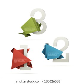 Cool step by step presentation template. Big numbers wrapped with origami style paper placeholders. EPS10 vector image.