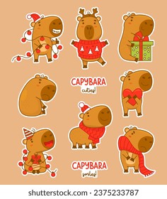 Pegatinas frescas Navidad lindo capibaras con guirnaldas de Año Nuevo, regalo, en suéter de punto y bufanda. Ilustración vectorial. Aislado Curioso personaje animal capibara roedor para diseño, colección infantil.