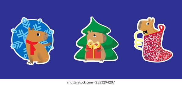 Cool sticker Christmas cute capybaras with New Years snowflake, gift, in knitted socks and scarf. Vector illustration.