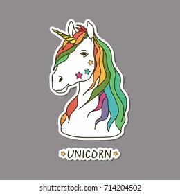 Cool Sticker  In Comic Style. Funny Unicorn Magic . Vector Hand Drawn Illustration.